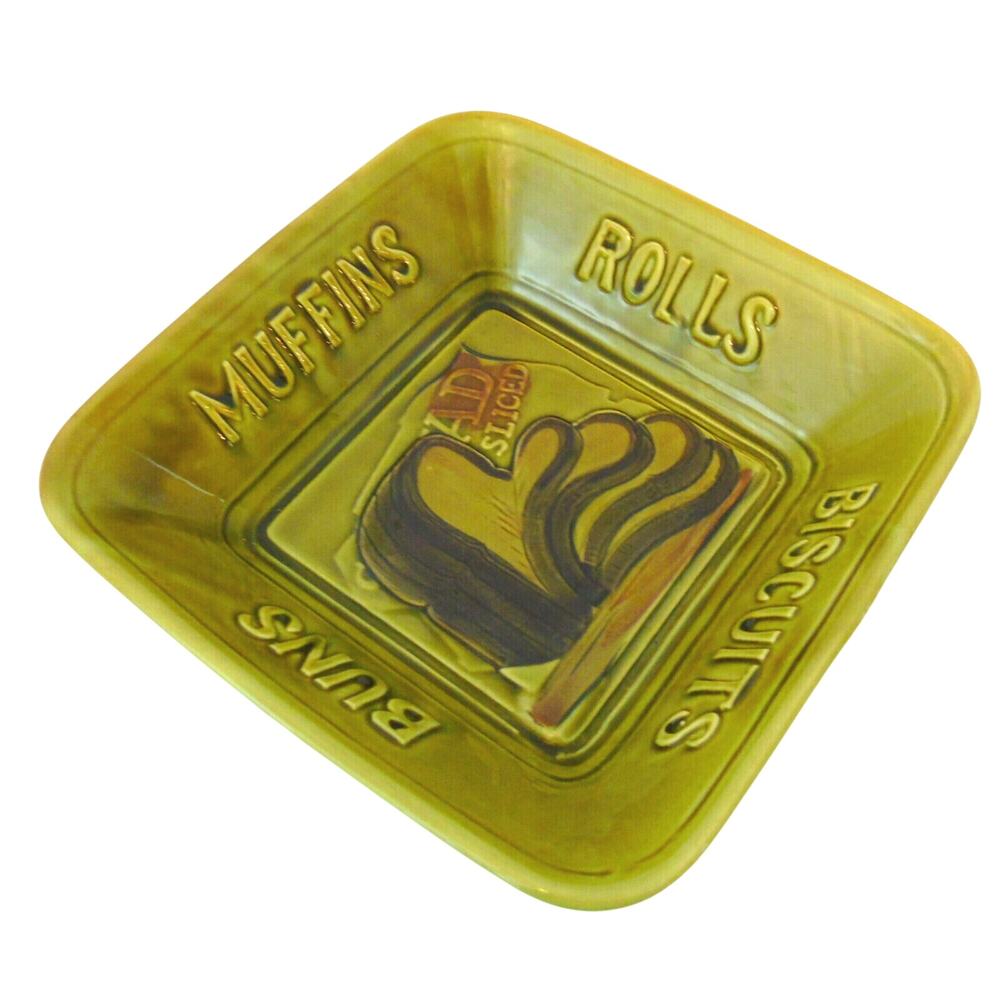 Ceramic Bread Basket Serving Bowl Rolls 9.5" Square Mid Century Vtg Olive Green